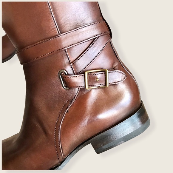 Frye Jordan Strap Cognac Leather Tall Riding Boots - Picture 12 of 14